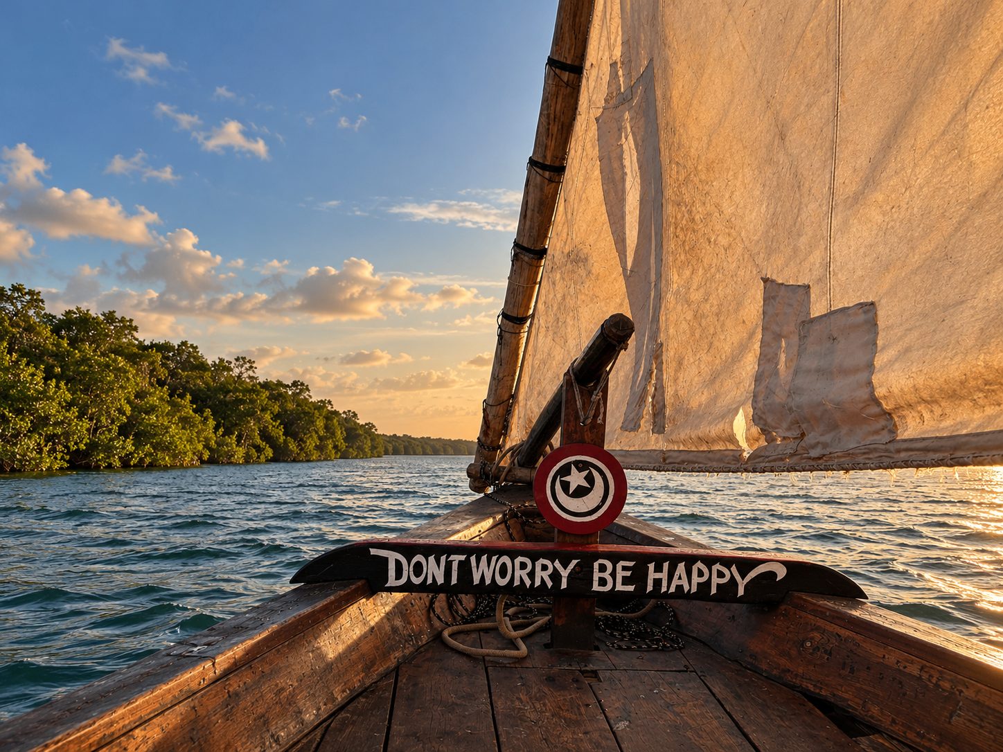 La vela del dhow verso il tramonto tra le mangrovie
